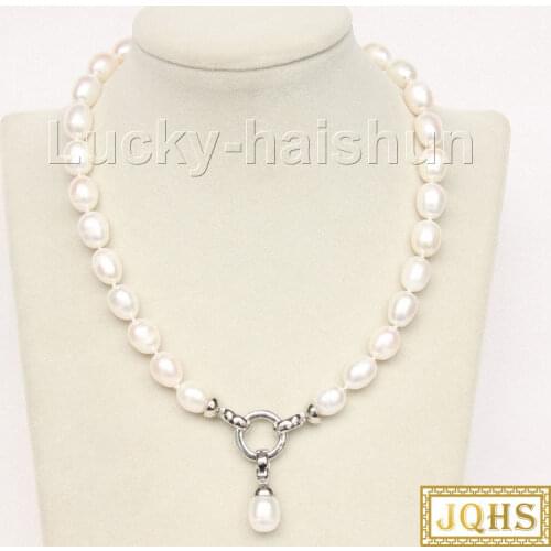 17" 13mm rice white freshwater pearl necklace pendant beads Strand knotted clasp j9833
