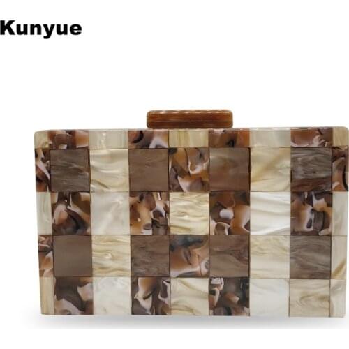 Chic New Women Handbag Coffee Striped Geometric Acrylic Evening Bag Plaid Patchwork Chain Evening Bag Wedding Party Clutch Purse