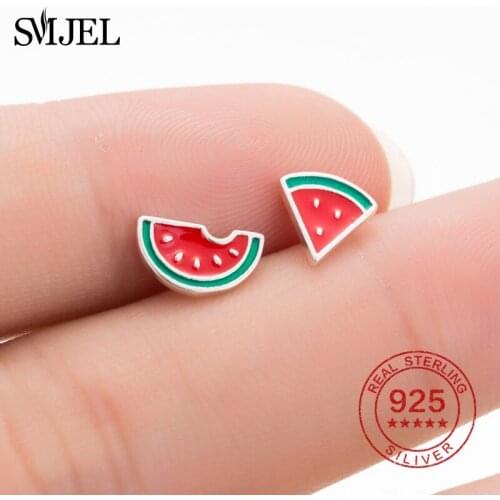 SMJEL 100% 925 Sterling Silver Cute Cartoon Rose Watermelon Stud Earrings For Women Girls Summer Art Fruits Earrings