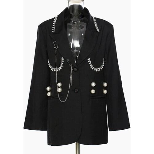 SeeBeautiful Personalized Nail Bead Decorative Chain Loose Blazer Coat Notched Long Sleeve Women Autumn 2021 New Fashion G518