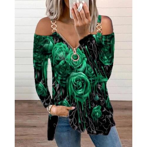 Women Pullover Spring Autumn Casual Loose T-shirts Rose Print V-Neck Long Sleeve Off Shoulder Tops with Zipper for Girls