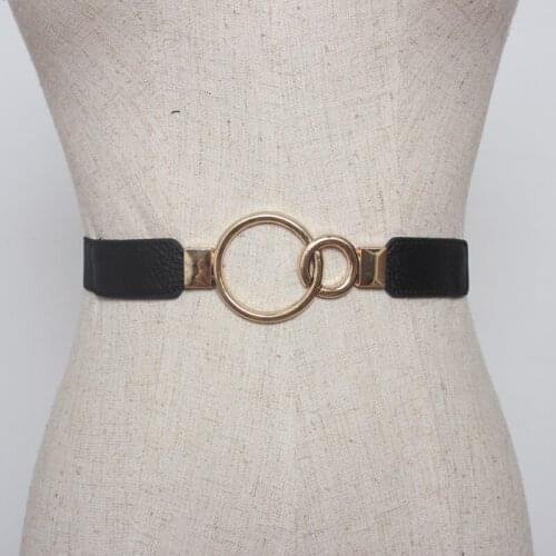 Woman Faux Leather Belt Dress Pearl Buckle Gold Thin Stretch Cummerbunds Wedding Accessories Elastic Black Waistbands For Women