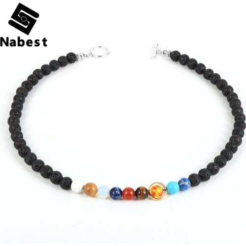 Women Men Natural Stone Universe 8 Planets Lava Rock Beads Stand Necklace Galaxy Solar System OT Buckle Clavicle Chain Jewelry