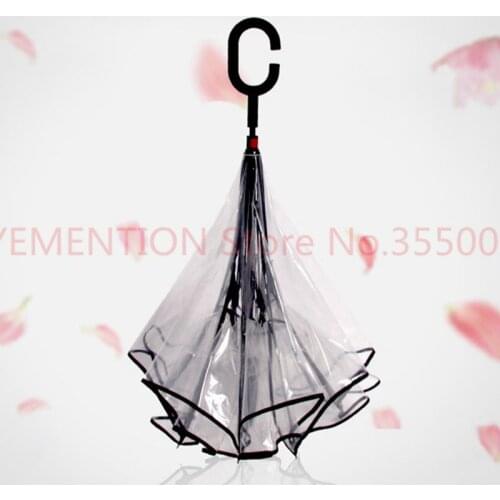 10pcs Transparent Reverse Umbrella Double Layer Cherry Blossoms Inverted Umbrella Rain Women C-handle Windproof