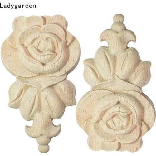 2PCS Vintage Statues Wood Carved Applique Long Flower Wooden Decal for Furniture Sculptures Door Home Decoration Accessories