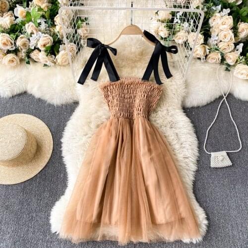 2021 Womens Spring Fashion Retro Chic Slash Neck Bra Bow Suspender Lady Style Mini Dress D0104