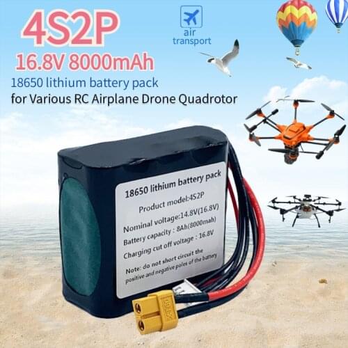 4S2P 14.8V 8000mAh 16.8V18650 Battery Pack High Capacity UAV Rechargeable for Various RC Airplane Drone Quadrotor 5P XT60