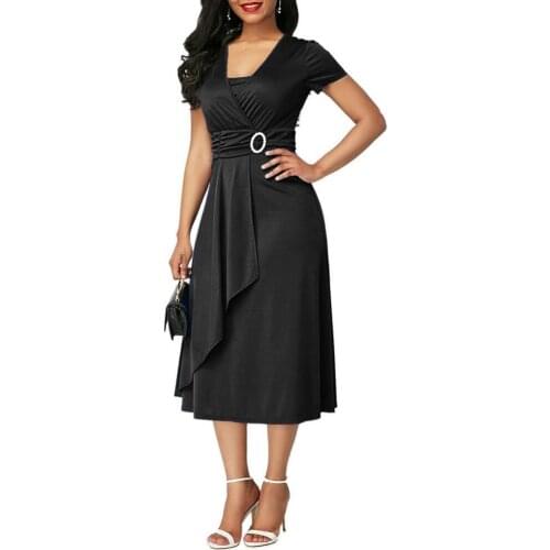 50%HOT Party Women Plus Size Solid Color Short Sleeve V Neck Asymmetric Midi Dress