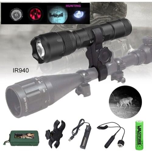 502B IR 850nm/940nm LED Flashlight Tactical Hunting Hog Night Vision IR Fill Light+Rifle Scope Mount+Tail Switch+18650+Charger