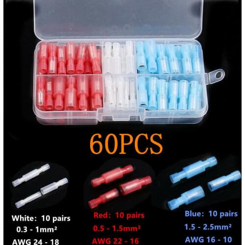 60PCS Fully Insulated Crimping Bullet Terminals Nylon Electrical Wire Butt Connector Female&Male Crimp Terminal AWG 24 -10