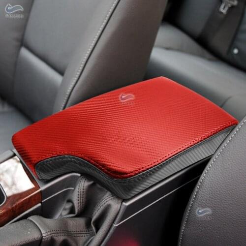 Red+Black Carbon Texture Leather Splice Car Accessories Center Console Armrest Box Cover Trim For BMW 3 Series E90 2005 - 2012