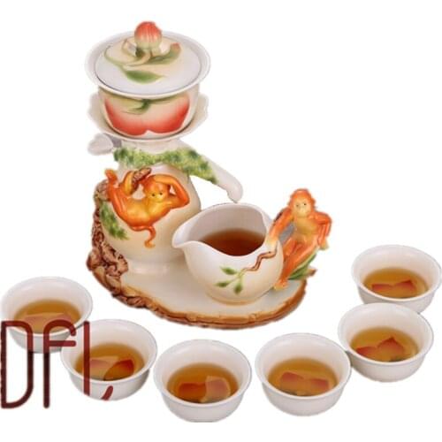 9Pcs/Set Automatic Color Enamel Tea Set Monkey Gaiwan Pot Cup Chinese Kung Fu Drinkware Creative 3D Teaware Free Shipping