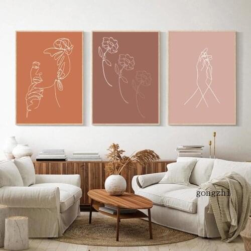 Boho Blush Pink Woman Flower Line Drawing Poster and Prints Nordic Abstract Canvas Painting Minimalist Wall Art Decor Pictures