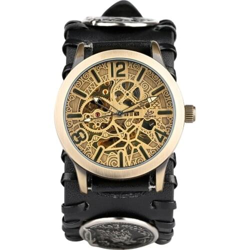 Mens Chic Wolf Waterproof Automatic-self-winding Wristwatch Punk Automatic Mechanical Skeleton Leather Band Black Tough Style