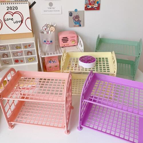 1pc Color Plastic Double-layer Storage Rack Kawaii Desktop Stationery Cosmetic Storage Tools Folding Stationery Mesh Organizer