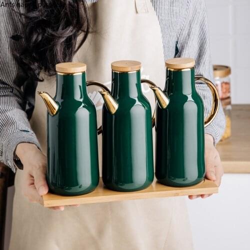 European Dark Green Ceramic Oil Pot with Lid Household Kitchen Soy Sauce Vinegar Bottle Oyster Sauce Pot Seasoning Chili Pot New