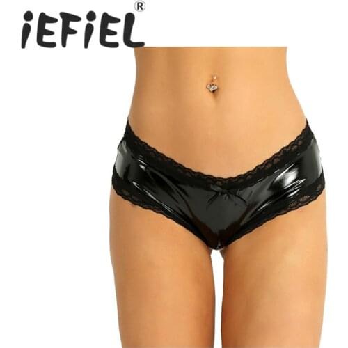 IEFiEL Women Lingerie Sexy Wet Look Patent Leather Lace V-Back Mini Briefs Open Butt Underwear for Lingerie Night