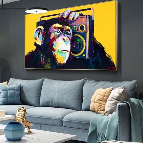 AAHH Large Size Canvas Painting Wall Art Poster Modern Animal Picture Art Wall Monkey Listening to Music for Living Room