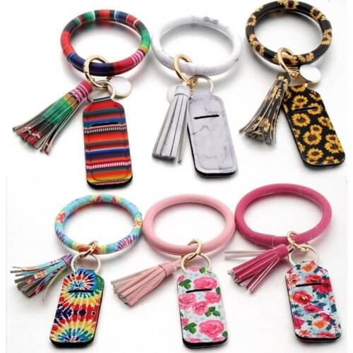 Tassel Durable Sunflower Lipstick Holder Floral Chapstick Bag Neoprene Bracelet Lipsticks With Bracelet Keychain