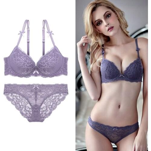 Sexy Lace Bow Womens Underwear Upper Thin Under Thick Comfortable Breathable Lingerie Push Up Bra And Low-Rise Panties Set