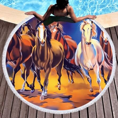 Seven Galloping Horses Round Beach Towel 3D Print Home Textile Shower Bath Swimming Cover Microfiber Travel Cloth Yoga Blanket
