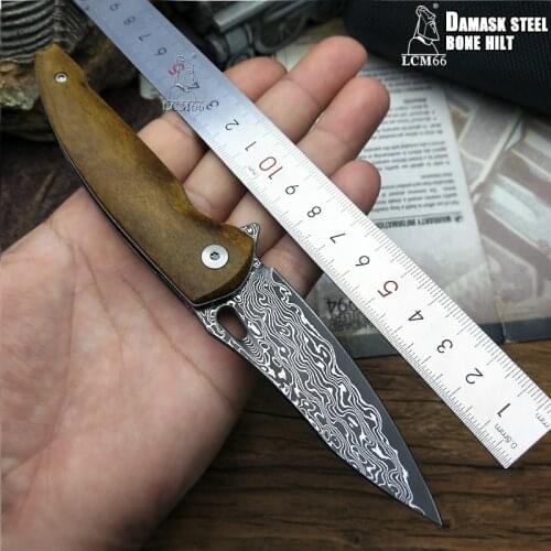 LCM66 Folding knife Damascus steel Handmade forged knife hunting knife 60HRC Bone hilt with Portable Outdoor knife Tools