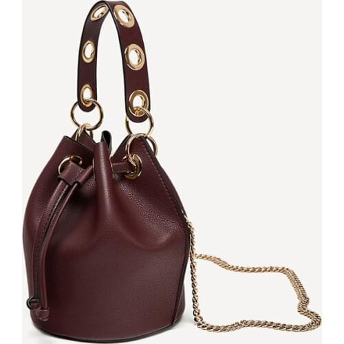 Fashion Bucket Bag for Women Designer Chains Drawsting Shoulder Bags Luxury Pu Leather Handbags Wide Strap Crossbody Small Tote