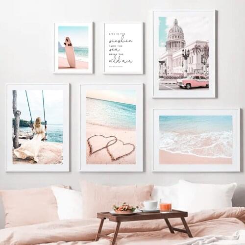 Sea Beach Sky Girl Surfboard Flamingo Car Wall Art Canvas Painting Nordic Posters And Prints Wall Pictures For Living Room Decor