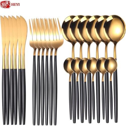 24pcs Upscale Gold Dinnerware Set Stainless Steel Tableware Set Knife Fork Coffee Spoon Flatware Dishwasher Safe Cutlery Set YSH