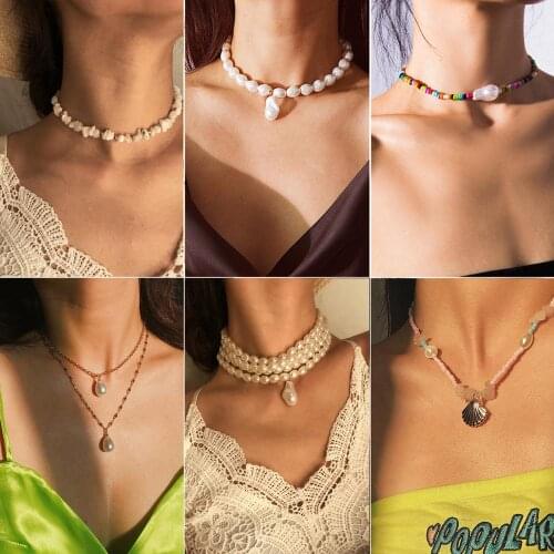 DIEZI Ethnic Multicolor Acrylic Imitation Pearl Pendant Necklace Clavicle Choker Necklaces for Women Ladies Fashion Jewelry