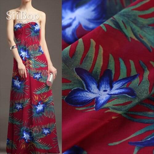 Pastoral green blue plant print red cotton silk fabric apparel for dress breathable silk cloth tissu tecidos stoffen 9mm SP5373