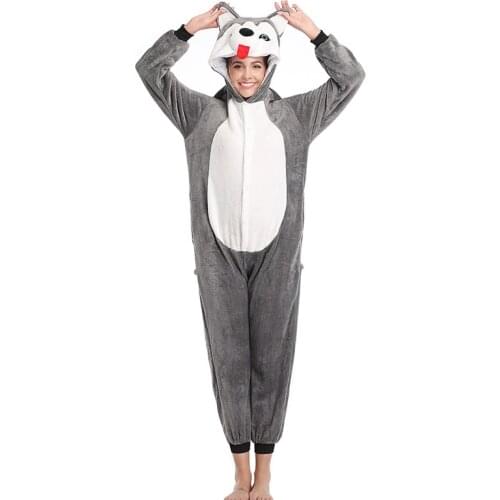 Husky Dog Kigurumis Cartoon Pijamas Animal Onesies For Adults Overall Women Girl Pajama Flannel One-Piece Home Sleep Wear Suit