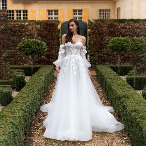 Romantic Sweetheart Princess Wedding Dresses 2021 Detachable Long Puff Sleeves Tulle A-Line Beach Bride Dresses Handmade Flower