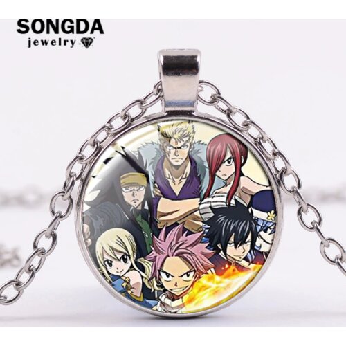 SONGDA Japanese Anime Fairy Tail Necklace Cosplay Cartoon Pattern Glass Cabochon Alloy Pendant Fashion Metal Long Chain Necklace