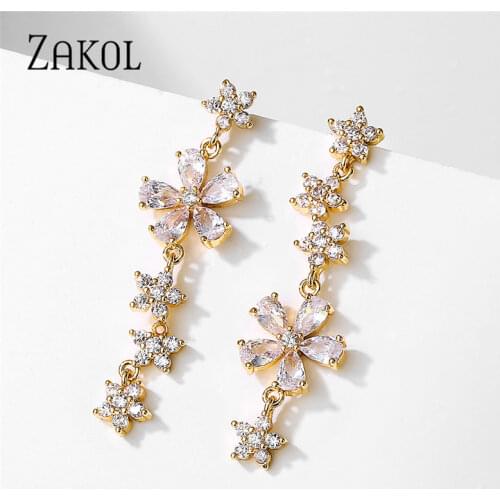 ZAKOL Beautiful Flowers Dangle Earrings for Women Designer Luxury Micro-inlaid AAA Zircon High Quality Wedding Jewelry