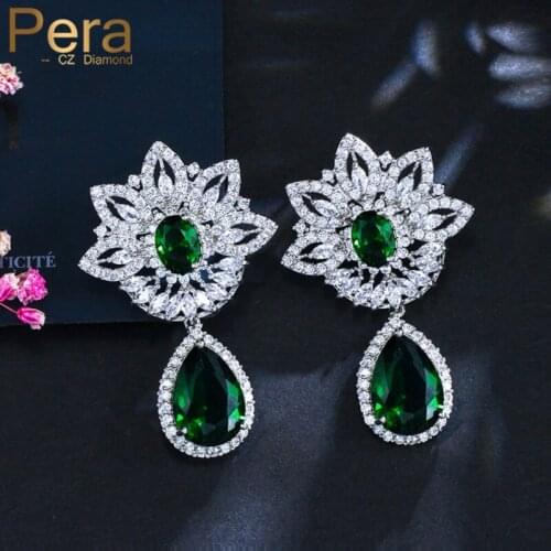 Pera Glittering Silver Color Jewelry Green CZ Crystal Elegant Women Big Flower and Water Drop Dangle Earrings for Ladies E251