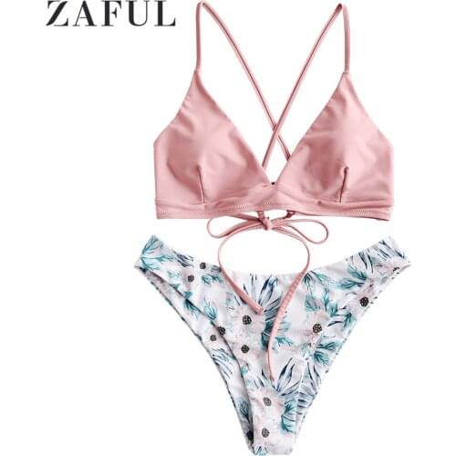 ZAFUL Criss Cross Floral Padded Bikini Set Spaghetti Straps Swimwear Wire Free Padded Swimsuit Women Sexy Bathing Suit 2020