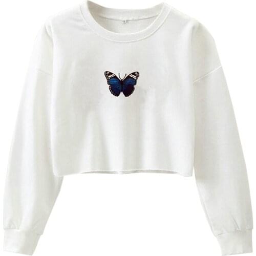 Long Sleeve Butterfly Print Sweatshirts Women 2020 White O Neck Sportswear Pullovers Tops Loose Solid Sport Hoodies Streetwear