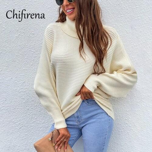 Chifirena Batwing Sleeve Women Sweaters Loose Jumper Pull Tops Knitted Turtleneck Oversized Ladies Winter Knit Sweaters Woman