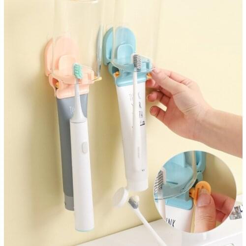 Toothpaste Toothbrush Cup Holder Kit Wall Mounted Toothpaste Dispenser Squeezer Home Bathroom Organizer Storage Rack Accessories