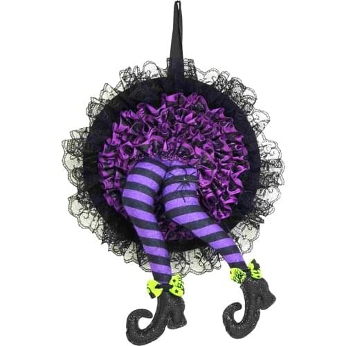1pc Halloween Evil Witch Legs Wreath Wizard Feet With Black Lace Handmade Ornament Door Window Wall Hanging Decoration For Home