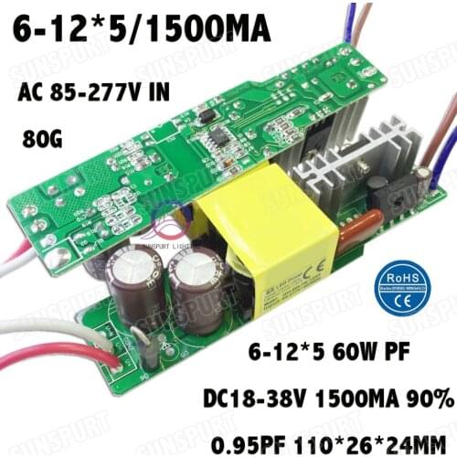 2 Pieces Isolation 60W AC85-277V LED Driver 6-12x5 1500mA DC18-38V Constant Current LEDPower Supply For Floodlight Free Shipping