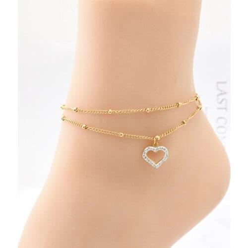 316L Stainless Steel New Fashion High-end Jewelry Embedded Zircon Love Heart Shape Charm 2 Layer Beaded Chain Anklet For Women