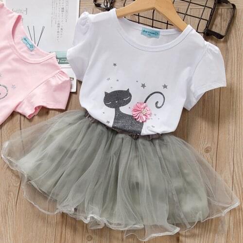 40# Toddler Baby Girls Clothing Sets Cartoon Little Printing Short Sleeve T-shirts Kittens Shirt+skirts Summer Outfits Set