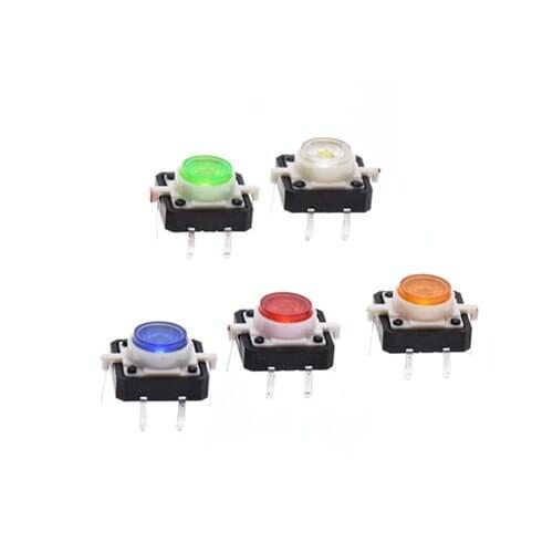 100Pcs Through Hole 12*12*7mm Micro Push Button Tactile Momentary Switch With LED Green/Red/Yellow/Blue/White