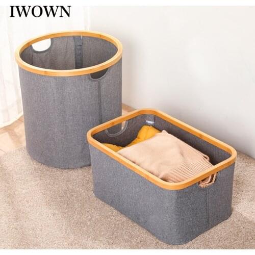 Bamboo Dirty Clothes Storage Basket with Handles Collapsible Large Laundry Hamper Waterproof Home Laundry Organizer Baskets