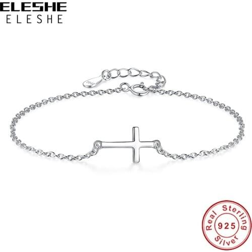 ELESHE Fashion 925 Sterling Silver Faith Cross Heart Clover Charm Bracelet Crystal Zircon Link Chain Bracelet for Women Jewelry