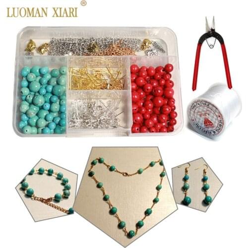 380 PCS Beads Kits Round Stone Beads Sets Jewelry Findings Tool Charms Chain Turquoise Diy Necklace Earrings Bracelet Handmake