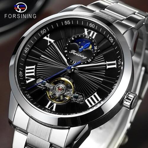 Forsining Classic Men Tourbillon Mechanical Watch Fashion Brand Black Moonphase Business Steel Band Automatic Clock Reloj Hombre
