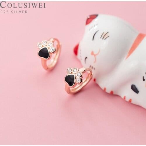 Colusiwei Real 100% 925 Sterling Silver Anti-Allergy Black Enamel Clear CZ Lovely Dog Claw Hoop Earring for Women Fine Jewelry